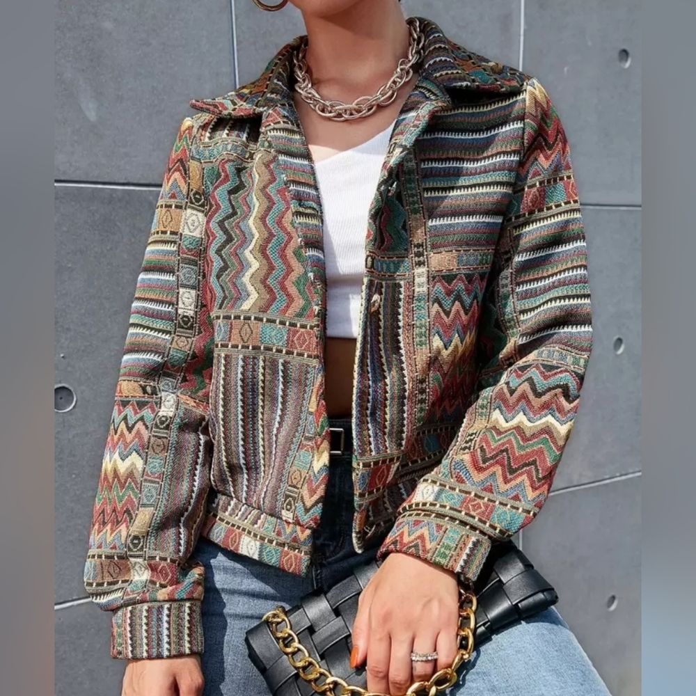 Geo Print Multicolor Patterned Button Up Jacket S… - image 1